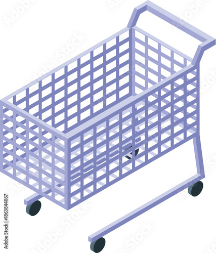 Empty metal shopping cart rolling through supermarket aisles in isometric view