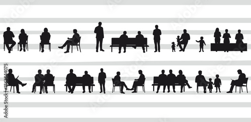 Silhouettes of people, seated figures, standing posture, public space, black shapes, human interaction, children, adults, reading, writing, walking, sitting, gesture, everyday life, emotional moment