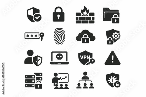 Cybersecurity and Privacy Icons Set – Flat Black Vector Symbols