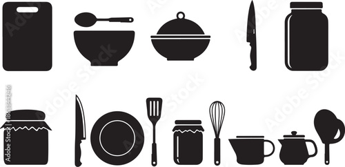 Black kitchen utensils and dishes on white background icons
