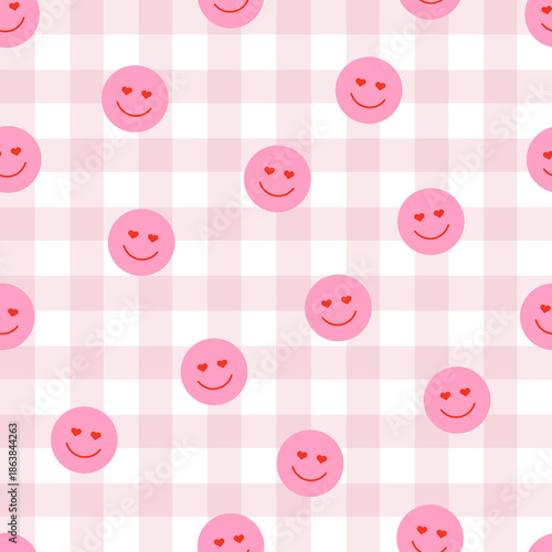 Cute Pink Gingham Pattern with Heart Eye Smileys