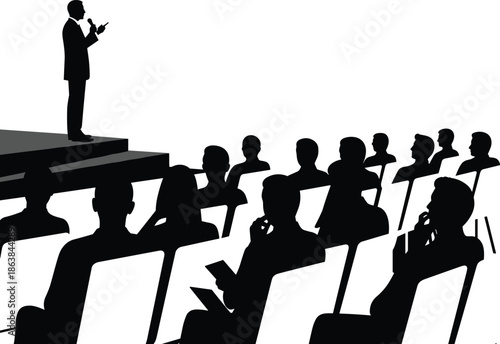Silhouettes of speaker, audience listening, public speaking, black figures, microphone, seated crowd, presentation, seminar, education, conference, communication, leadership, stage scene