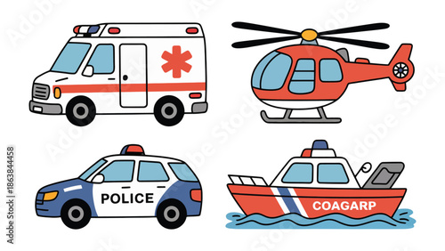 Emergency vehicles icon set: A comprehensive set of essential emergency vehicles are meticulously illustrated, including an ambulance, a helicopter, a police car, and a rescue boat.