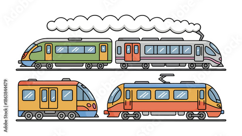 Train Collection: A dynamic illustration showcases a diverse collection of modern trains, each embodying unique design and function, ready to transport passengers