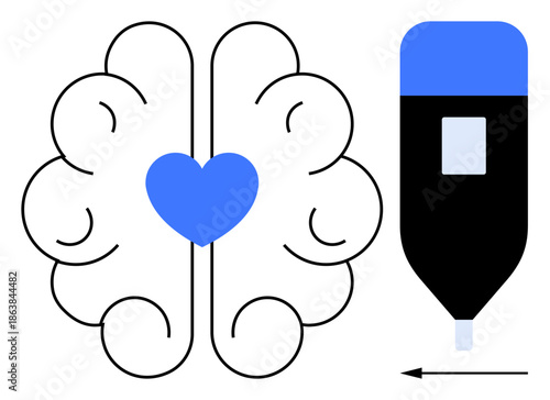Brain and heart concept. Brain outline combined with a heart symbol and an artistic pen s creativity. Brain and heart logic and emotion balance in design and art. For education, psychology, art