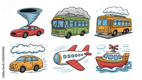 Transportation and Weather: Illustration of various vehicles and weather effects, from a car caught in a tornado to a boat sailing on a rainy sea.