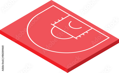Isometric view of a red basketball half court featuring the free throw line, hoop, and backboard markings