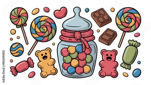 Sweet Array: A collection of various candies including colorful swirl lollipops, charming gummy bears, wrapped sweets.