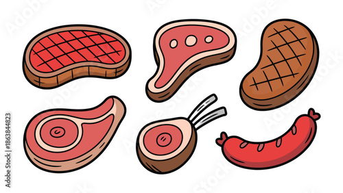 Butcher's Showcase: An array of artfully rendered illustrations of various cuts of prime meat and a juicy sausage, all showcasing the delicious variety