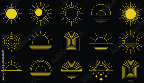 bohemian linear logos icons and symbols vector set including sun arc and window geometric abstract design elements for decoration and branding templates.