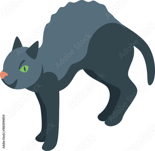 Isometric black cat arching its back, bristling, and showing its teeth