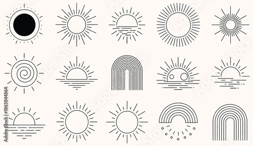 bohemian linear logos icons and symbols vector set including sun arc and window geometric abstract design elements for decoration and branding templates.