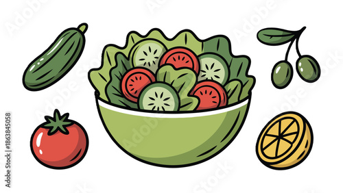 Freshness and Flavor: A vibrant salad bowl bursts with a medley of fresh vegetables, accompanied by a selection of ingredients. Illustrating the freshness and deliciousness of healthy eating.