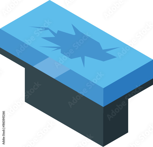 Melting ice creates cracks and a hole on a rectangular block of ice, symbolizing global warming and climate change