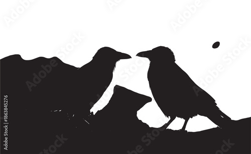 Two crows in silhouette on rocky outcrop with minimalist stark contrast for wildlife illustration