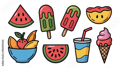 Summer Delights: A vibrant and delicious array of summer treats, including juicy watermelon slices, refreshing ice cream, and colorful fruit, perfect for a sunny day.