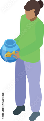 Young woman holding a round fishbowl with a goldfish, depicting pet care in isometric view