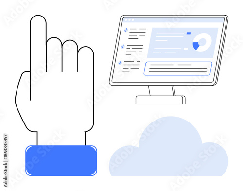 Cloud computing, data management, technology interface, online services, user interaction, digital analytics. A hand pointing near a screen with a cloud below. Cloud computing and data management