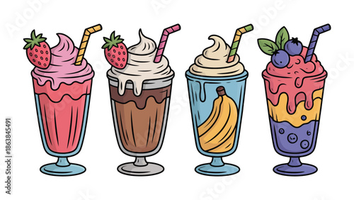 Artistic Smoothie Quartet: A vibrantly illustrated quartet of tantalizing smoothies, each a unique concoction bursting with fruity flavors and creamy textures.