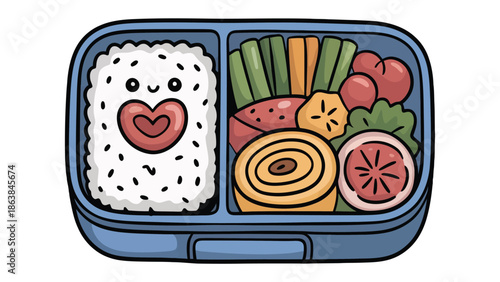 Delicious Lunchbox Illustration: A vibrantly colored illustration of a delightful lunchbox, overflowing with a variety of healthy and appealing food items, arranged meticulously in compartments.