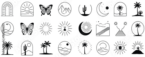 bohemian linear logos icons and symbols vector set featuring sun palms landscapes geometric abstract design elements for media posts stories art boutique branding templates.