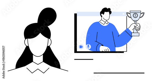 Minimalist concept of a video call screen showing a man holding a trophy while a woman observes. Ideal for online achievements, remote recognition, digital awards, virtual events, teamwork, video