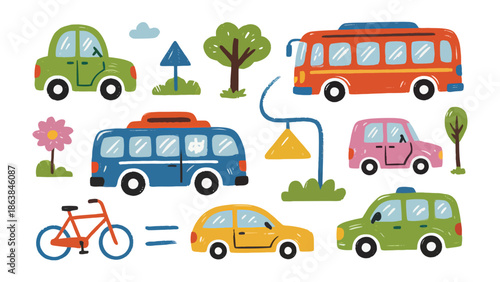 Whimsical Transport Collection: A colorful assortment of transport options, ranging from cars and buses to a bicycle, inviting the viewer to explore themes of travel, mobility.