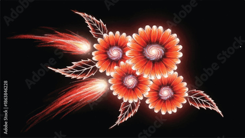 Futuristic Glowing Fire Flower Illustration with Flaming Comet Trails on Black Background