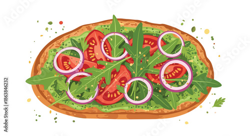 Healthy avocado toast prepared with fresh sliced tomatoes, red onion rings, and green arugula on crusty bread.