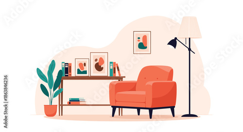 Cozy room corner with a plush orange armchair, wooden side table, framed art, floor lamp, and a potted house plant.