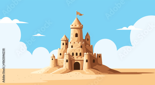 Large sandcastle with multiple towers and flags built on a sunny beach under a clear blue sky with fluffy clouds.
