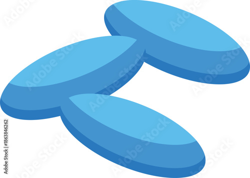 Three smooth, oval blue pills are arranged, overlapping each other and creating an abstract geometric form