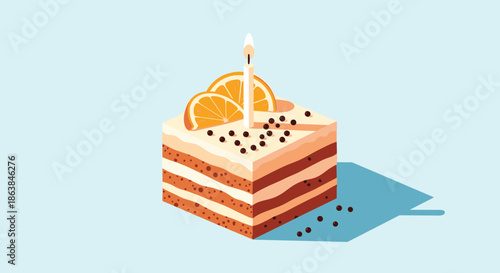 Square slice of multi-layered cake topped with orange slices and chocolate sprinkles on a light blue background.