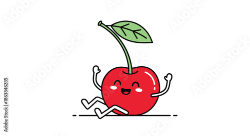 Happy cartoon cherry character with a smiling face, arms, and legs sitting down against a clean white background.