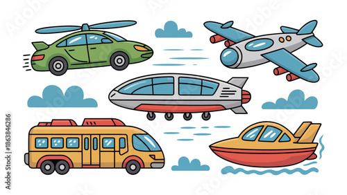 Air, Land and Sea Transport Illustration: A dynamic illustration showcases an array of vehicles representing air, land, and sea transport.