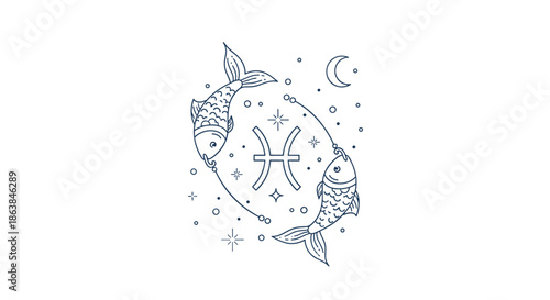 Pisces zodiac sign illustration featuring two fish swimming in a circle with celestial moon and star elements.