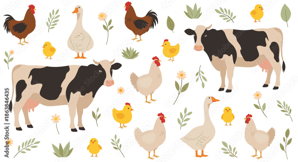 Fototapeta premium Farm animal pattern featuring cows, chickens, geese, chicks, flowers, and green leaves on a white background.