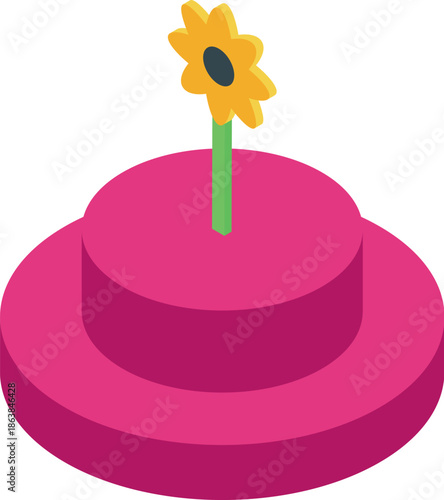 Single yellow daisy grows from the center of a two tiered pink pedestal in this isometric view, ideal for concepts related to growth, potential, and achievement
