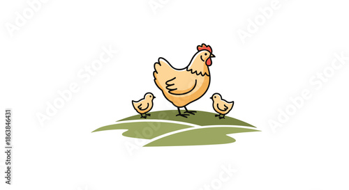 Illustration of a mother hen and her two small yellow chicks standing on a patch of green grass in a field.
