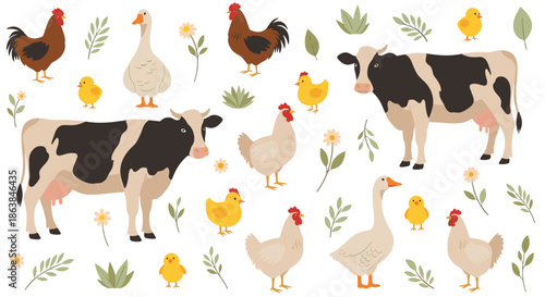 Farm animal pattern featuring cows, chickens, geese, chicks, flowers, and green leaves on a white background.