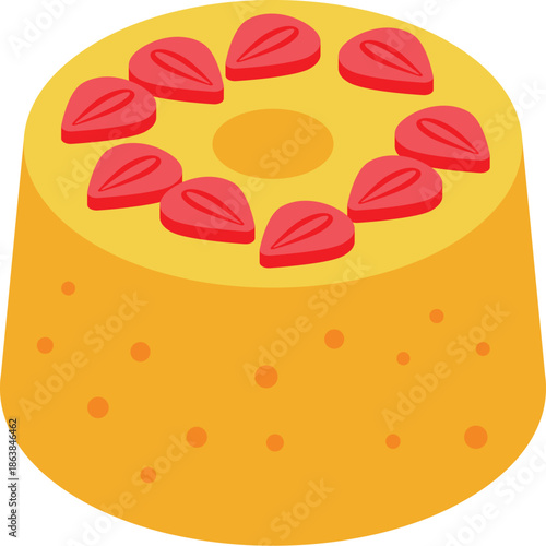 Round cake with a hole in the center, decorated with fresh strawberries, creating a visually appealing dessert