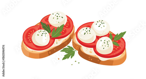 Two pieces of caprese bruschetta with fresh mozzarella balls, sliced tomatoes, and basil leaves on toasted bread.