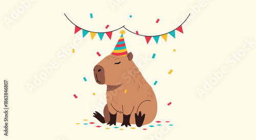 Adorable capybara wearing a colorful party hat sitting under festive hanging bunting and falling confetti bits.