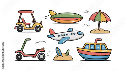 Collection of Travel and Transport Icons: A delightful assortment of travel and transportation icons, inviting the viewer on a journey filled with wanderlust and adventure.