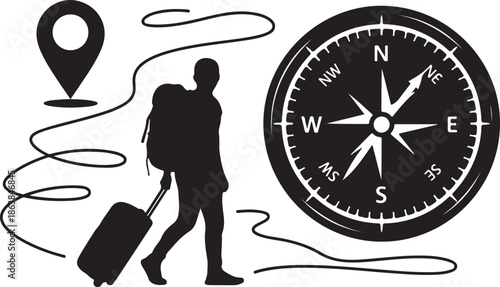 A traveler navigates with a compass and map