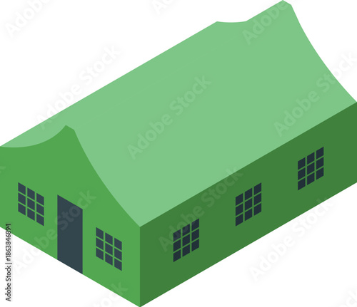 Green military tent protecting supplies during operation isometric icon vector illustration