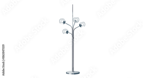 Minimalist modern floor lamp with four adjustable glass globes and a slender silver pole for contemporary interior lighting.