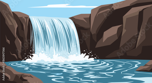 Powerful waterfall cascading down dark rocky cliffs into a clear blue pool of water with splashing foam and ripples.