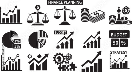 A collection of black and white finance planning icons