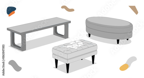 Set of three modern seating benches and ottomans in grey and white colors for lounge or reception area furniture options.